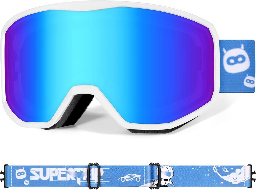 Supertrip Kids Ski Goggles, Anti-Fog Snow Snowboard Goggles for Boys Grils Youth Age 6-14 (White Frame-iceblue Lens)