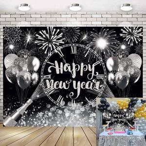Black Silver Happy New Year Backdrop 2026 New Years Party Backdrop New Years Eve Annual Countdown Party Supplies Fireworks Glitter Dots Cheers to Family Party Decor Banner (70x40 inch (6x4FT))