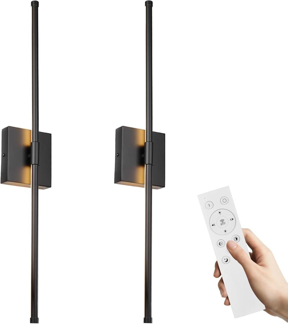 LED Wall Sconces with Remote Control, Dimmable Wall Sconces Set of Two, 5 Colors 3000K-6500K & Dimmable, Hardwire Wall Light with Timer & Night Light, LED Black Wall Lamps for Living Room, Bedroom