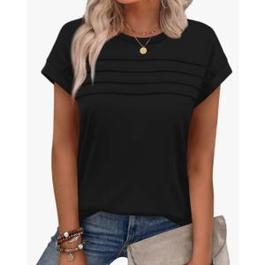WEESO Womens Summer Tops Trendy 2025 Cap Sleeve T Shirts Crew Neck Pleated Front Clothes Fashion M Black