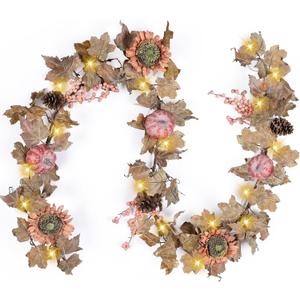 Fall Sunflower Garland - 6 Ft Fall Garland with 30 Warm Lights with Pumpkin Pinecone Berry for Thanksgiving Harvest Halloween Mantel Table Porch Railing Indoor Outdoor Decor