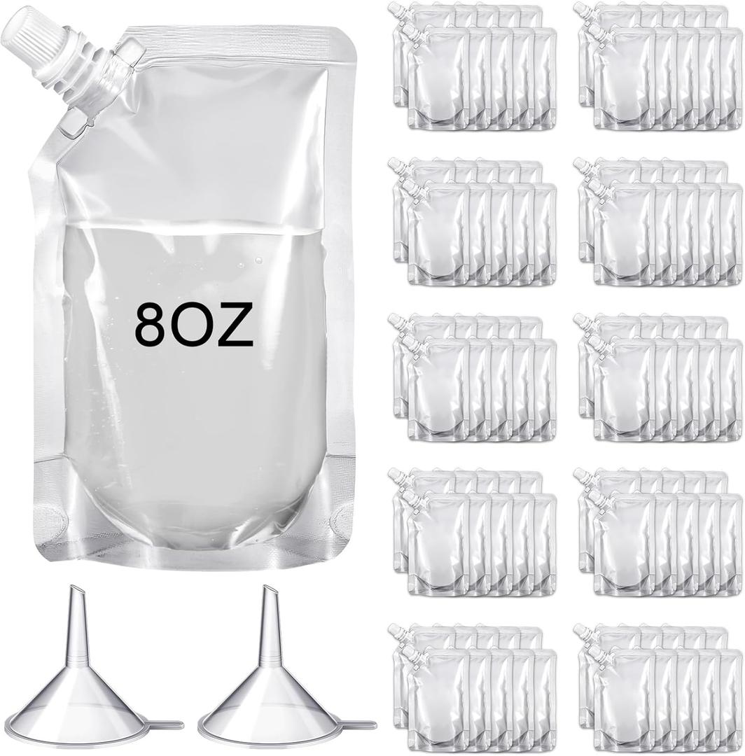Meanplan 100 Pcs Plastic Pouches Bulk Reusable Squeeze Pouches Clear Juice Bags Leak Proof with Funnel for Travel Women Men(8 oz,Inclined Mouth)