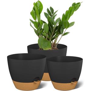 ZMTECH 9/10/12 Inch Plant Pots Sets, Selfwatering Planters with Drainage Holes Saucers for Indoor Outdoor Plants, Plastic Flower Pots for House Kitchen Window Garden(Black, 3 Pack)
