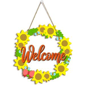 Sunflower Wreath for Front Door Sign Hanging Summer Party Wood Wall Decor Hanger Rustic Farmhouse Welcome Wood Sign Home Decor for Porch Home Bathroom