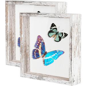 Califortree 8x8 Shadow Box Frame with Soft Linen Back - Metal Push Pins Included, Memory Shadow Box Display Case for Bouquet Awards Medals Wedding Photos and More, Rustic White, 2 Packs