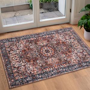 ISEAU Indoor Entryway 2x3 Vintage Rug - Small Machine Washable Area Rug with Non-Slip Backing, Low Pile Throw Rugs for Door, Entrance, Kids Room, Bedside, Bedroom, Kitchen (2ft x 3ft, Brick Red)