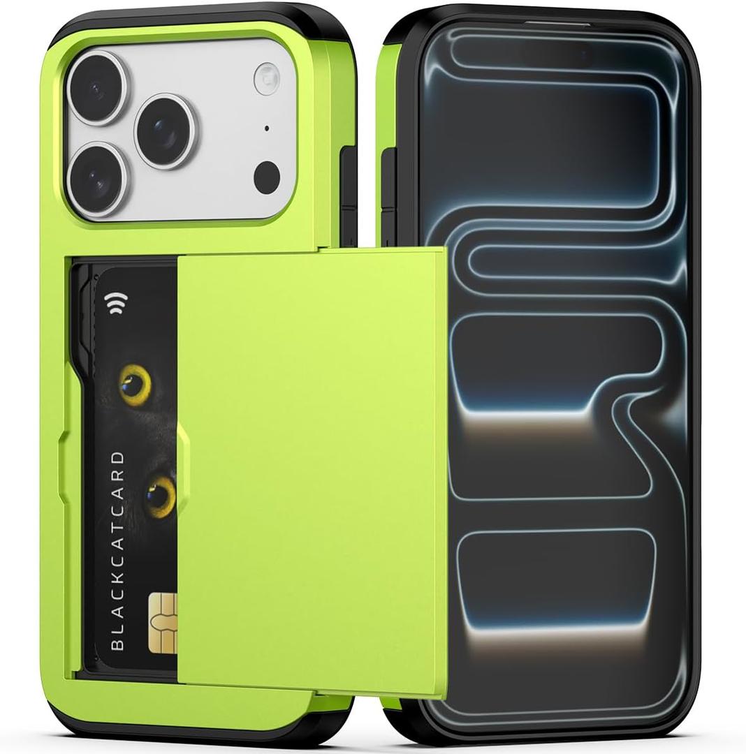 Nvollnoe Compatible with iPhone 17 Pro Case with Card Holder Dual Layer Heavy Duty Protective Shockproof Hidden Card Slot Slim Wallet Phone Case for Women&Men 6.3 inch(Fluorescent Green)