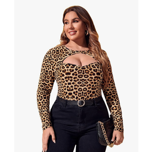 WDIRARA Women's Plus Size Leopard Print Cut Out Long Sleeve Slim Fit Shirt Sexy Tee Top, 4 XL