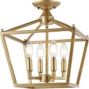 JONATHAN Y JYL7610B 12" Modern Farmhouse Semi Flush Mount Ceiling Light, 4-Light Brass Gold Lantern Fixture, Pagoda Candelabra Light for Low Ceilings, Entryway, Hallway, Kitchen, Bedroom