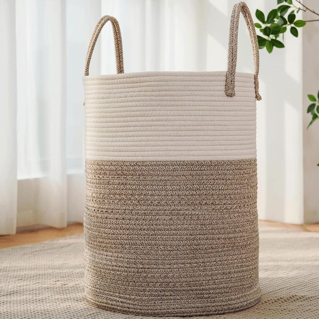JMvicyroam Large Woven Laundry Basket Hamper,100L Cotton Rope Storage Bin for Blankets, Toys and Clothes, Decorative Tall Nursery Hamper for Living Room, Baby Nursery, Bathroom and Bedroom, Brown