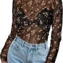 Women's Sheer Floral Long Sleeve Layering Top Ruffled Mock Neck Sheer Blouse for Casual Brunch Party Club Night Date Outfits (Medium, A Chocolate Brown)