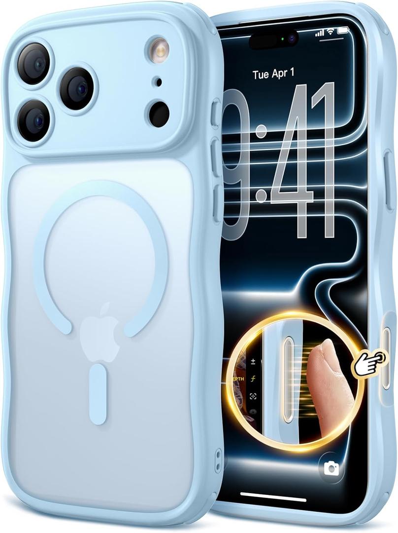 for iPhone 17 Pro Max Case for Women Girls,【Compatible with MagSafe】,【Camera Control】,【Full Camera Protection】, Cute Wave Magnetic Phone Case for iPhone 17 Pro Max,Light Blue