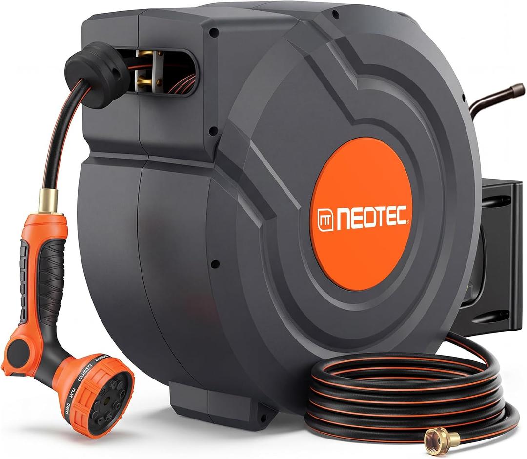 Upgraded Retractable Garden Hose Reel 1/2 inch x 155 ft Metal Bracket Wall-Mounted 9 Pattern Nozzle Any Length Lock Automatic Slow Return 180° Swivel UV Resistant Heavy Duty Hose Reels for Outside