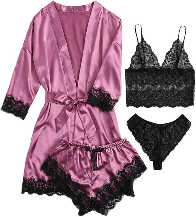 Woman 4pcs Floral Lace Trim Satin Pajamas Set With Robe Sexy Silk Pijamas Robe Sets, Size Large