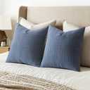 MIULEE Decorative Linen Check Euro Shams Throw Pillow Covers Neutral Farmhouse Vintage Pillow Covers 22x22 Set of 2 Boho Modern Home Decor for Sofa Couch Bedroom Cushion Blue