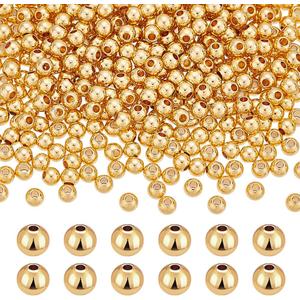 PH PandaHall 400pcs 14K Gold Plated Beads 4mm Brass Spacer Beads Metal Bracelet Beads Gold Beads Round Ball Beads Small Loose Spacer Beads Stackable Beads for Bracelets Necklace Beading Crafts Making