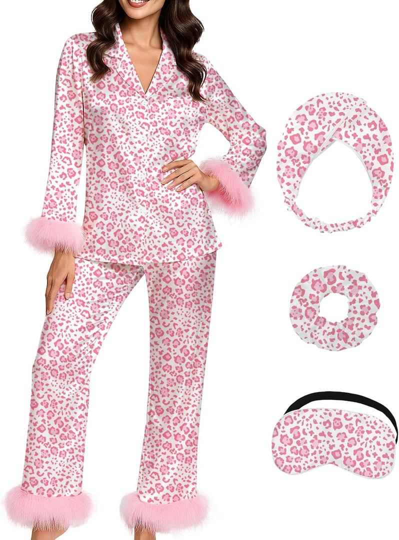 Silk Pajamas for Women with Feather Trim Long Sleeve Satin Pajama Set 2 Piece Button Down Pjs Print Sleepwear (Small, Pink Leopard)