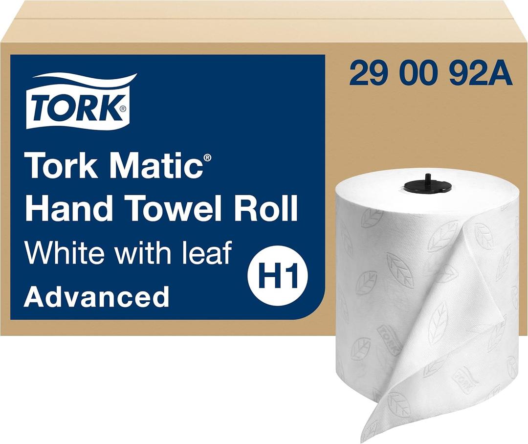 Tork Matic Hand Towel Roll, White With Gray Leaf, Advanced, H1, 100% Recycled Fiber, High Absorbency, Medium Capacity, 2-Ply, 6 Rolls x 525 ft - 290092A Tork Matic Hand Towel Roll, White With Gray Leaf, Advanced, H1, 100% Recycled Fiber, High Absorbency, Medium Capacity, 2-Ply, 6 Rolls x 525 ft - 290092A
