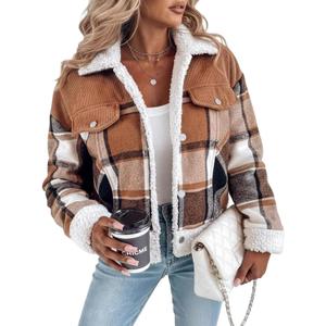 CHICME Womens Plaid Fleece Jacket Long Sleeve Sherpa Lined Winter Jackets Warm Coat (X-Large, Khaki)
