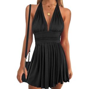 Women's Halter Deep V Neck Mini Dress Summer Backless Sleeveless Sexy Party Club Cocktail Dresses, Large