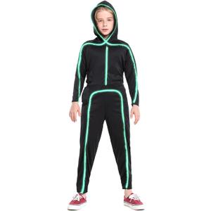 Stick Figure Costume Kids Stickman Jumpsuit with Light up Glasses Halloween Glow in the Dark Outfits for Boys Girls (Fluorescent Green, Large(9-10 Years))