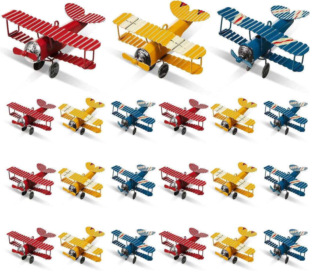 Therwen 18 Pcs Metal Airplane Decorations Vintage Airplane Ornament Hanging Iron Biplane Models Retro Plane Aircraft for Christmas Birthday Home Decor Room Desktop Ornament Photo Prop, Red Blue Yellow