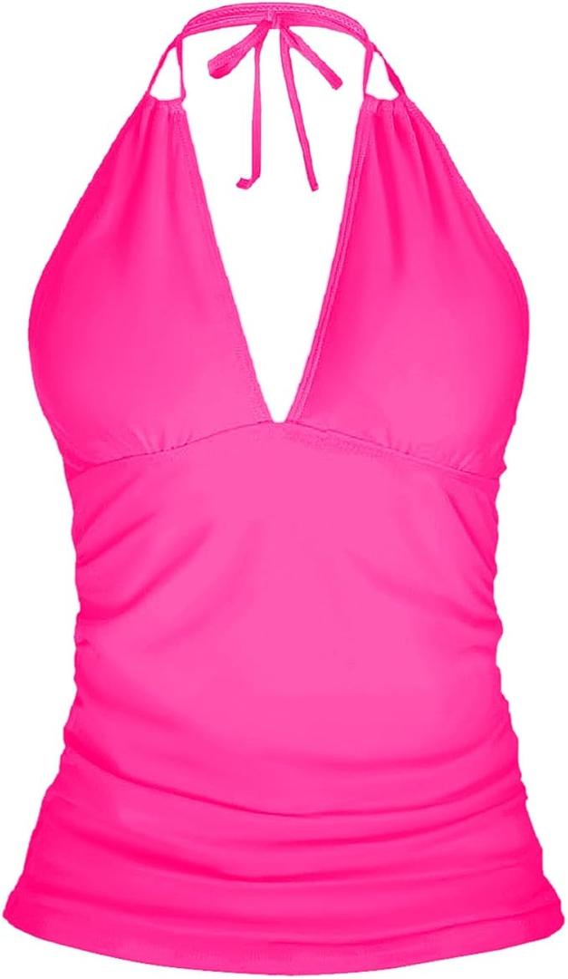 Yonique Women's Halter Tankini Top No Bottom V Neck Swim Top Tummy Control Bathing Suit Top (Large)