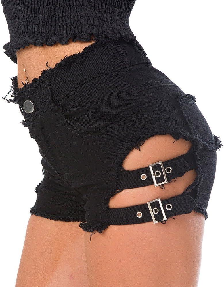 Women's High Waist Denim Shorts Sexy Gothic Punk Dance Shorts Metal Buckle Short Pants, Large, Black-648