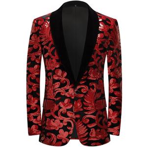 Men Fashion Velvet Sequins Floral Pattern Suit Jacket Blazer (Medium, Red)