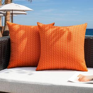 Kevin Textile Fall Outdoor Waterproof Throw Pillow Covers Pack of 2 Weaving Texture Water Resistant Outside Decorative Cushion Covers for Garden Patio Tent Balcony Bench Couch Sofa 16x16 Inch, Orange