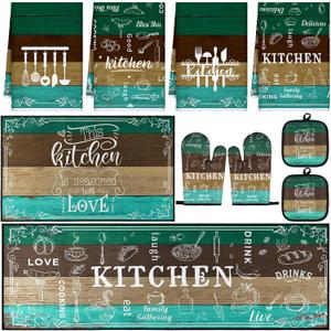 10 Pcs Farmhouse Kitchen Decor Sets 4 Teal Green Kitchen Dish Towels 2 Teal Pot Holders 2 Oven Mitts Glove 2 Brown Rustic Non Slip Rugs and Mats for Floor Home Decorations Accessories Mom Gifts