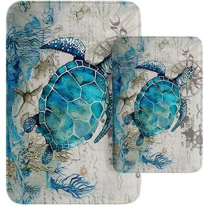 Britimes Bathroom Rug Mat Set of 2, Mats Rugs No Silp sea Turtle Teal Ocean Bath Mat Bathroom Decorations Carpets 16x24 and 20x32 Inches for Kitchen Bedroom Indoor