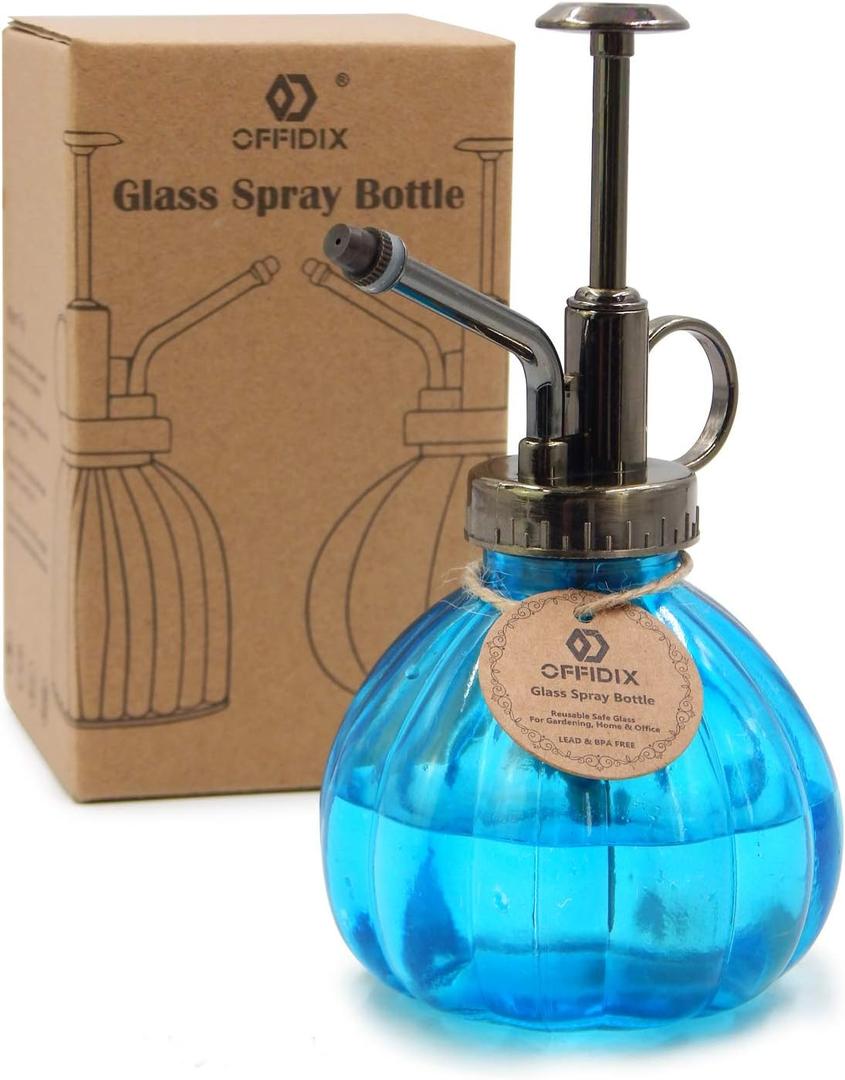 OFFIDIX Glass Watering Spray Bottle, 6.3" Tall Vintage Style with Bronze Plastic Top Pump One Hand Watering Can Spray Bottle (Light Blue)
