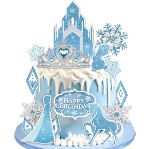 GZDUCK Ice Princess Cake Toppers- 16 Pcs Snow Theme Princess Cake Decorations with Castle, Crown, Snowflake Castle Birthday Cake Topper for Girls Kids Baby Shower