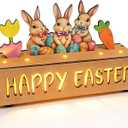 Happy Easter Decorations with LED Lights, Wooden Easter Decor Gifts for Table, Lighted Happy Easter Sign with Bunny, Carrots, Tulip and Easter Eggs, for Spring Mantel, Tiered Tray, Home Desk 8.6 inch