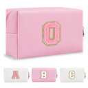 Personalized Initial A-Z Preppy Patch Makeup Bag,Small PU Leather Chenille Letter Cosmetic Bag with Zipper for Teen Girls,Pink Cute Travel Toiletry Bag,Birthday Monogrammed Gift for Daughter,Letter O