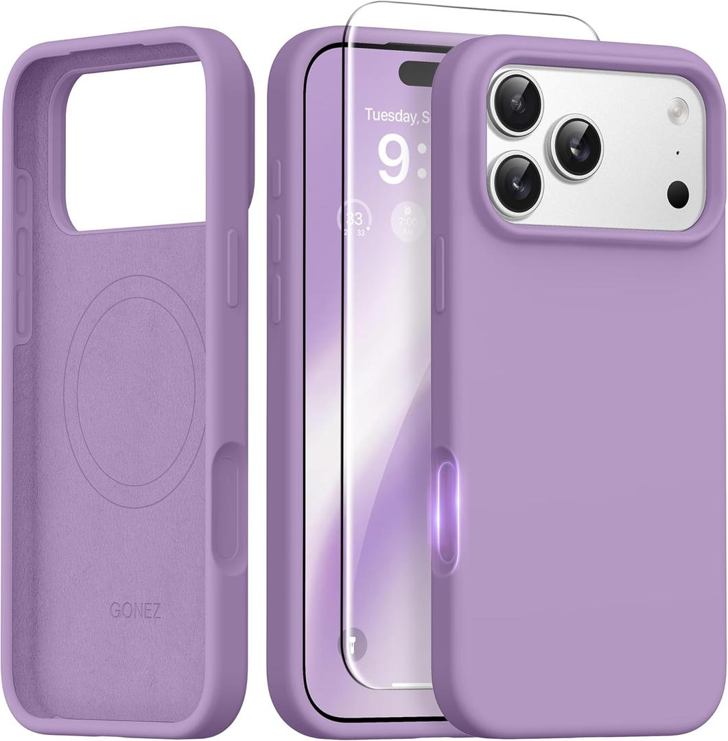 GONEZ Magnetic for iPhone 17 Pro Case, [Compatible with MagSafe] Anti-Scratch Microfiber Lining & Screen Protector, Silicone Camera Control, Shockproof Slim Phone Cover 6.3 inch, Light Purple