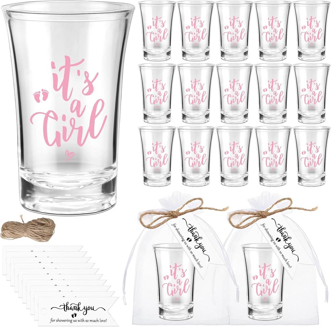 Pickmesh 25 Sets Baby Shower Favors Boy Girl Theme Party Gift Include Acrylic Clear Shot Glasses Thank You Tag Organza Bag Twine for Baby Shower Tea Party Gender Reveal (It's A Girl,Pink)