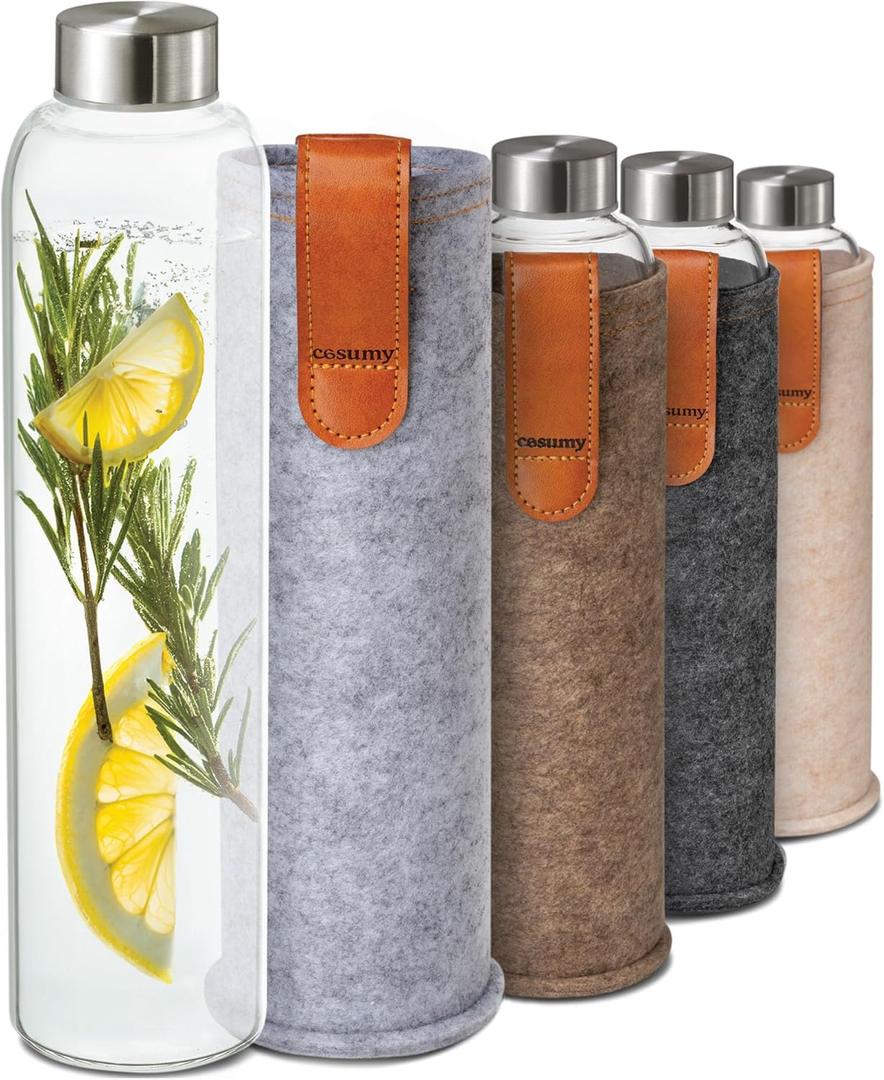 Cosumy Glass Water Bottle 25oz with Felt Sleeve - Borosilicate Glass - Leakproof Lid - BPA Free - Ideal for Work, Travel & Gym (Classic Gray)