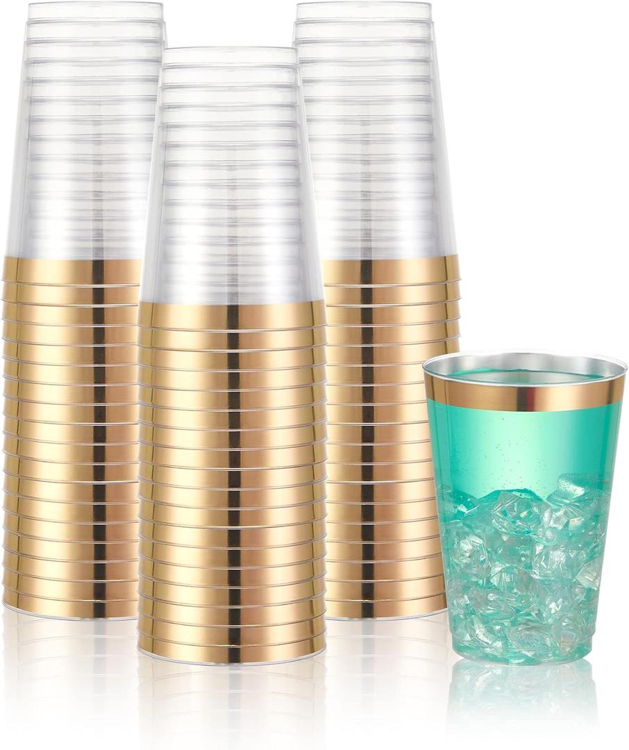 N9R 72PCS Gold Plastic Cups, 12OZ Clear Plastic Cups with Gold Rim, Disposable Cups Perfect for Parties, Wedding and Birthday