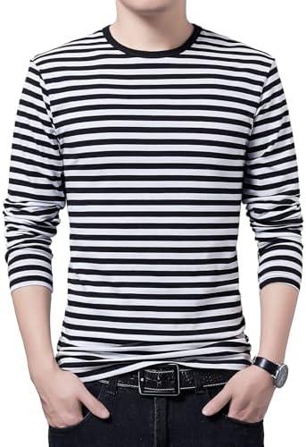 SHUIANGRAN Men's Striped T-Shirt Sport Cotton Shirts Classic Fit Casual Pullover Long/Short Sleeve Crew Neck Striped Shirts, Small