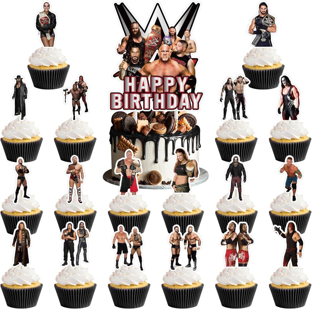 37pcs Wrestling cake decoration set include 1pc big cake topper 36pcs cupcake toppers for Wrestling Theme birthday party decor, 6 inches by 4 inches
