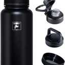 Fanhaw 32 oz Insulated Water Bottle  Portable Stainless Steel Flask with 3 Lids (Straw, Spout, Carabiner) | Leakproof, for Gym, Hiking, Work, Travel & Everyday Use (Black)