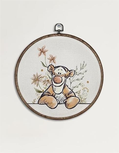 Giosve Cute Tiger Nursery Round Wall Art Canvas Framed Poster, Kids Room Decor, Cartoon Tiger Floral Hanging Wall Sculptures for Kids Nursery Room Bedroom Playroom Decor, 10x10 Inch