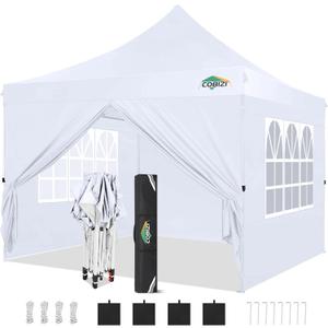 COBIZI 10x10ft Pop Up Canopy with 4 Removable Sidewalls, Easy Up Commercial Gazebos, Waterproof and UV50+ Gazebo with Portable Bag, Adjustable Leg Heights, Tents for Parties, with 4 sandbags (White)