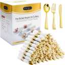 ISFANGCO 50 Pack Pre Rolled Gold Plastic Silverware Set with Napkins,Disposable Wrapped Heavy Duty Cutlery Set for Wedding Birthday Party-50 Forks,Knives,Spoons,Napkins,Utensils Set,Plasticware Bulk
