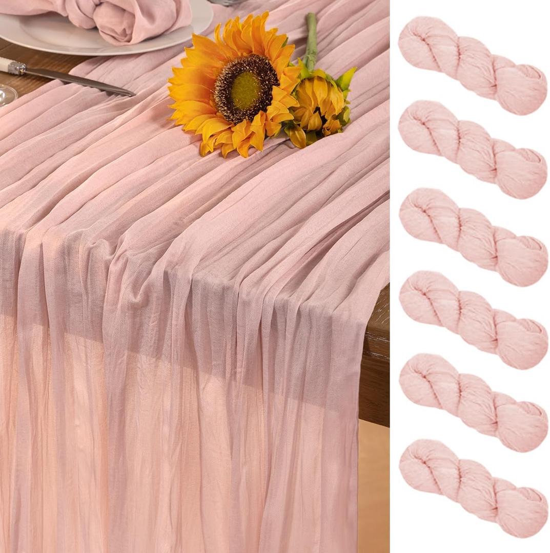 Pink Cheesecloth Table Runner 6 Pack Spring Table Runners Boho Gauze 120 Inches Light Pink Cheese Cloth Table Decor for Wedding Bridal Baby Shower Valentine's Day