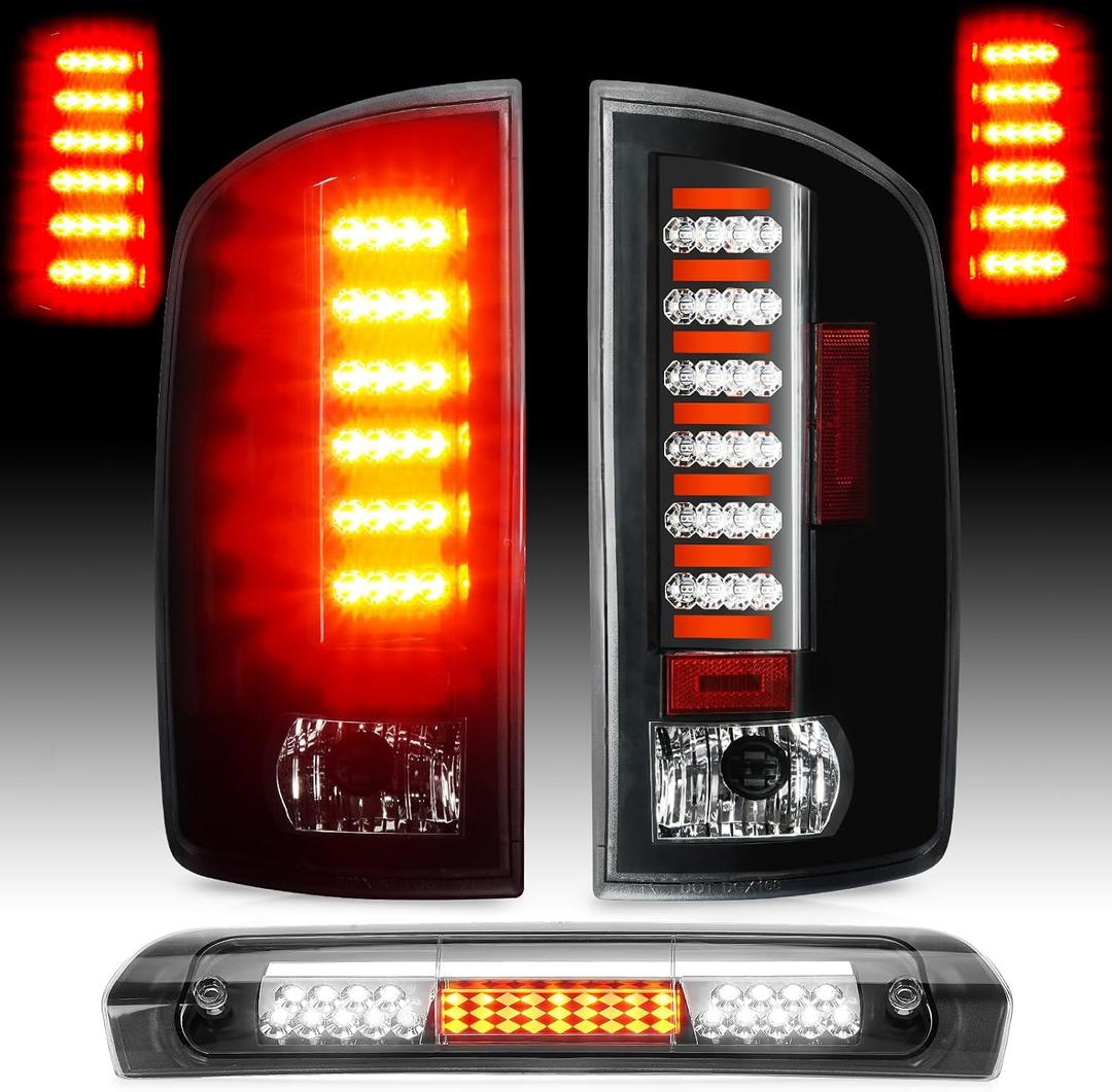 LED Tail Light Assembly + 3rd Third Brake Cargo Lamp Compatible with Dodge Ram 1500 2002-2006, for Dodge Ram 2500 3500 Pickup 2003-2006, Rear Taillight Clear Lens, 3 Pcs