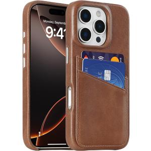 LUCKYCOIN Genuine Leather Wallet Phone Case for iPhone 16 Pro, Phone Purse with 2 Credit Card Holder, Compatible with iPhone 16 Pro, Metal Button Bumper Protective Shockproof Cover Dark Brown
