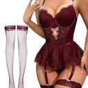 Lilosy Sexy Stocking Rhinestones Heart Garter Underwire Floral Mesh lace Sheer Babydoll Lingerie Teddy Bodysuit Skirt Set Women 2 3 Piece Push Up See Through Red M